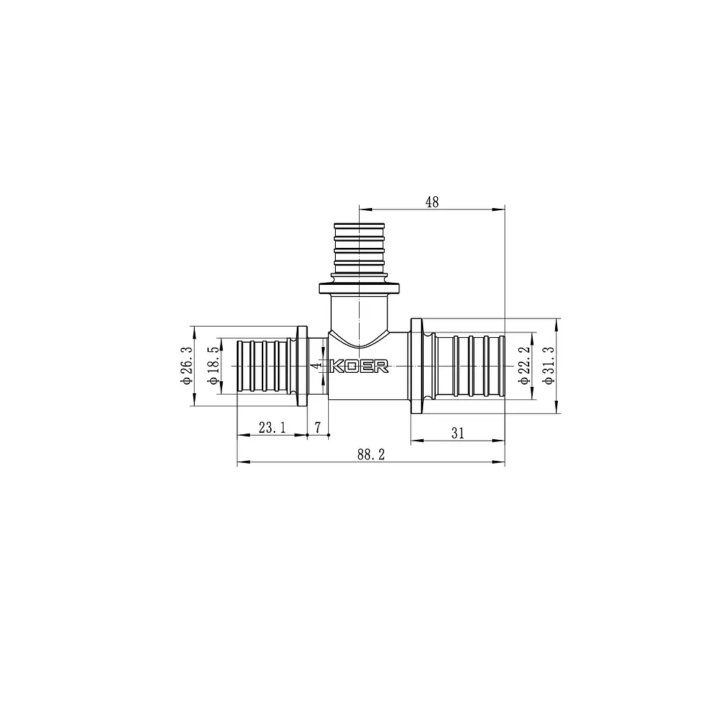Трійник перехідний Koer Ka.T25-20-20 - 25(3.5mm) x 20(2.8mm) x 20(2.8mm) KR4891 - фото 3