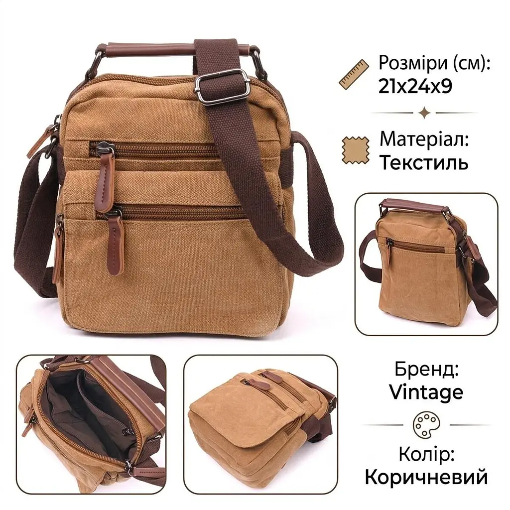 Невелика чоловіча сумка із щільного текстилю 21226 Vintage коричнева - фото 3