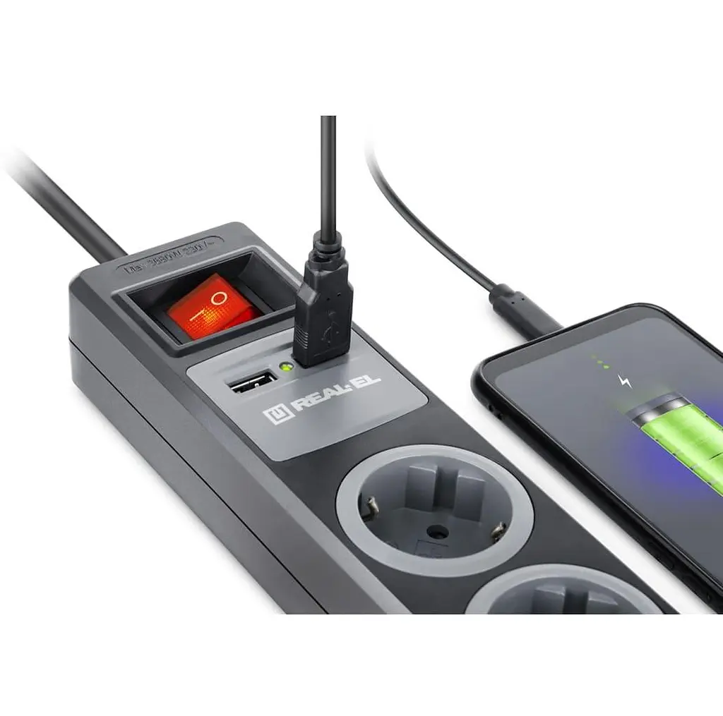 Мережевий фільтр Real-EL RS-3 USB CHARGE 1.8m Black UAH (EL122500001) - фото 5