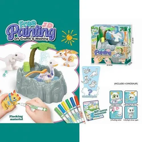 Набор для творчества MIC DIY Graffiti and Washing: Динозавры 4 фигурки, подача воды, 6 фломастеров, ванночка - фото 2