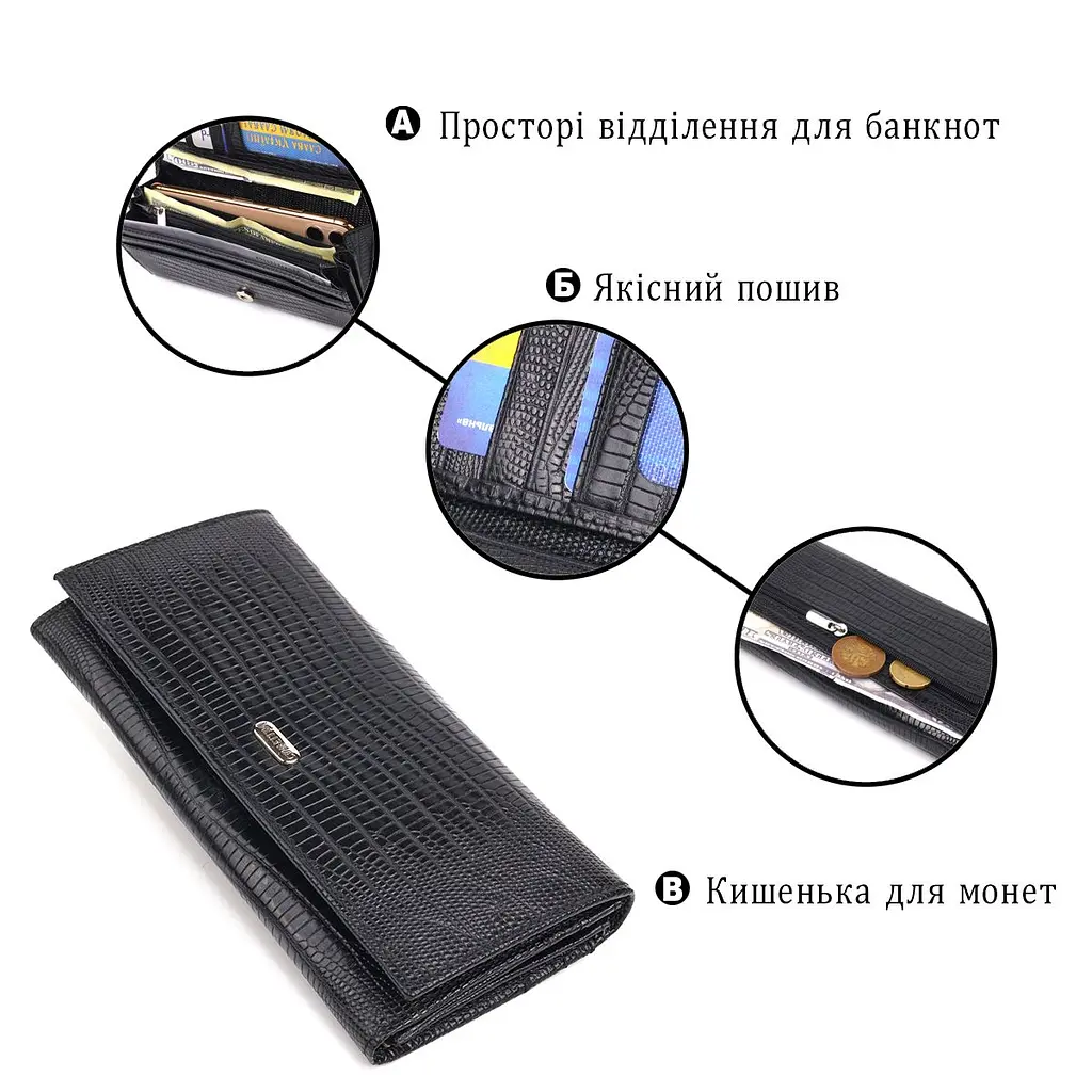 Відмінний фактурний горизонтальний жіночий гаманець з натуральної шкіри Canpellini 21653 чорний - фото 4