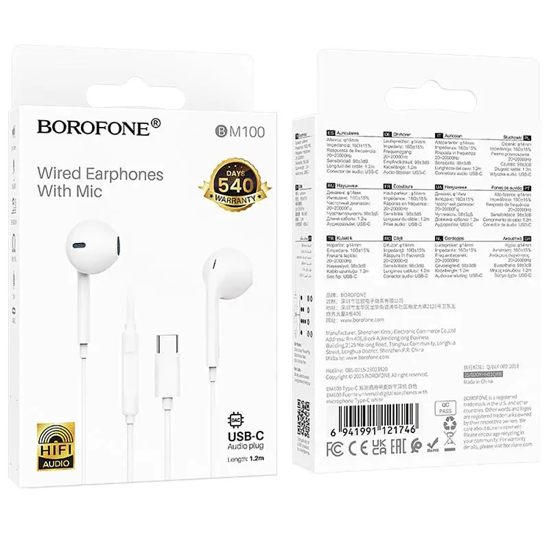 Навушники Borofone BM100 Fuente universal with microphone (Type-C/1.2m) White - фото 4