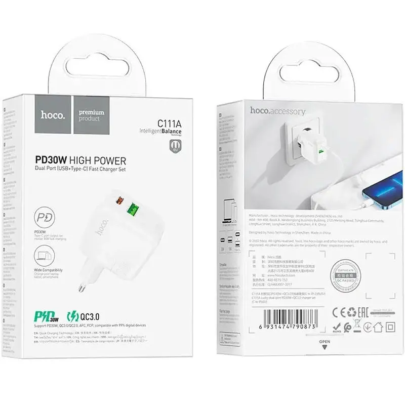 МЗП Hoco C111A PD 30W+QC3.0 (1USB-A/1C) White - фото 4