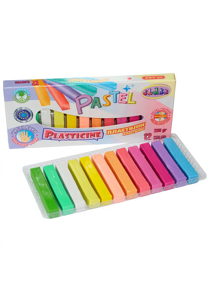 Пластилін 12 кол. 200 г CLASS ECO PASTEL восковий Чисті руки (7653C)