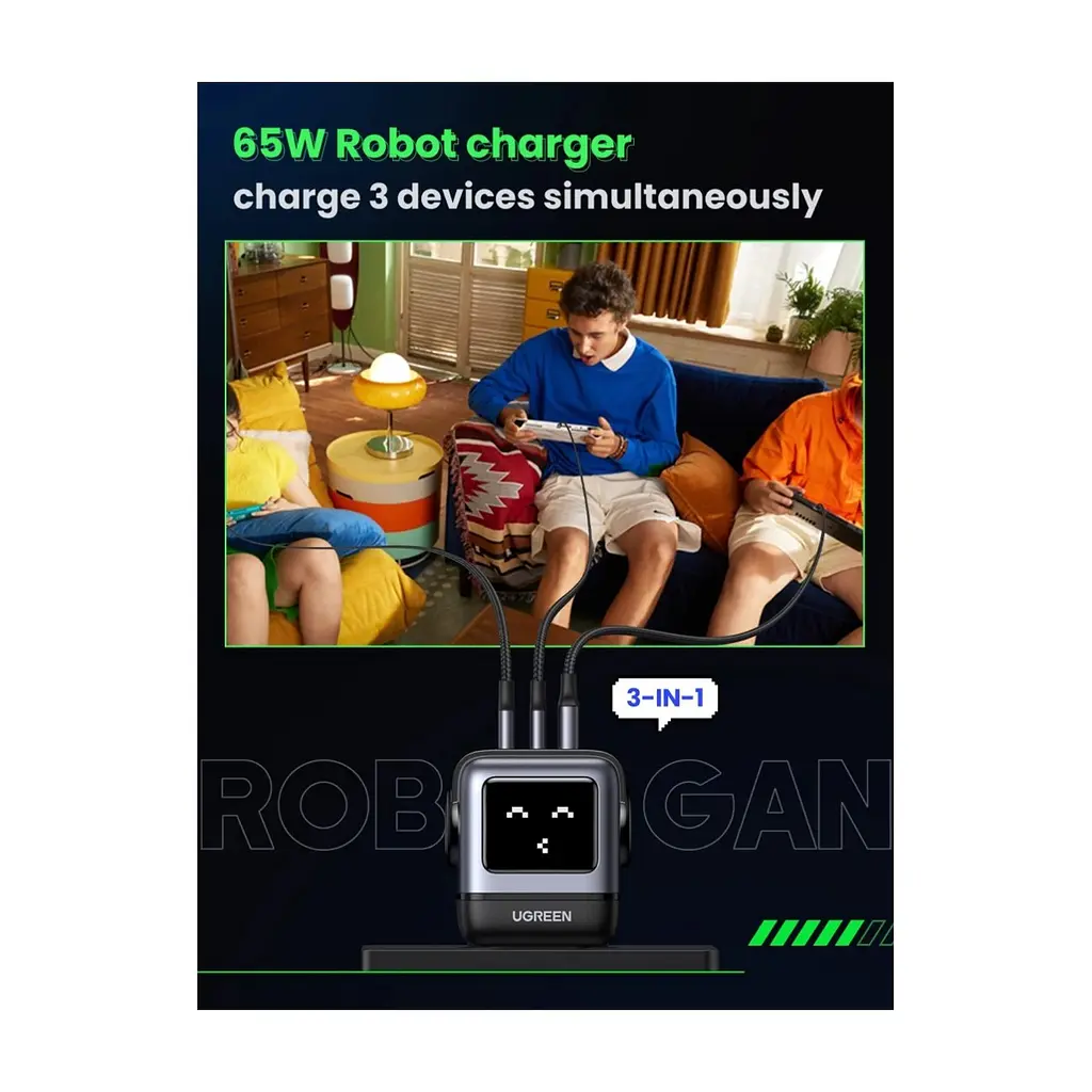 Зарядний пристрій Ugreen 1xUSB + 2xUSB-C 65W GaN CD361 gray (25685B) - фото 2