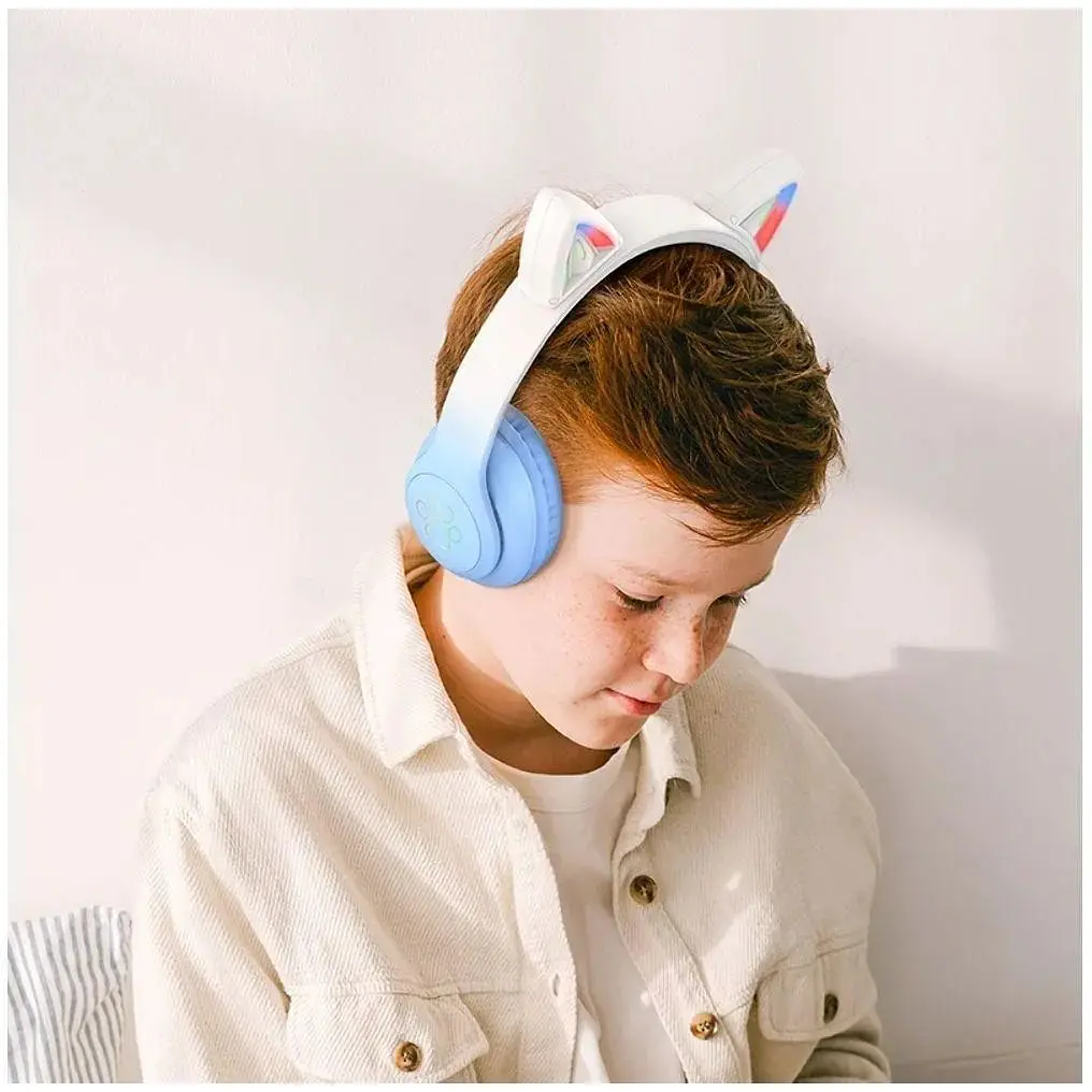 Bluetooth наушники накладные Hoco w42 cat ear с подсветкой голубые - фото 3