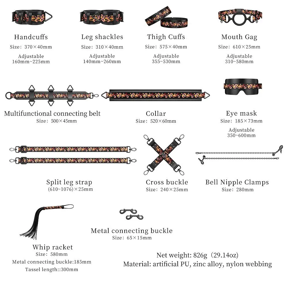 БДСМ-набір LOCKINK The Flowering Serpent Bondage Set, чорний, з малюнком у вигляді змій, 12 предметів - фото 15
