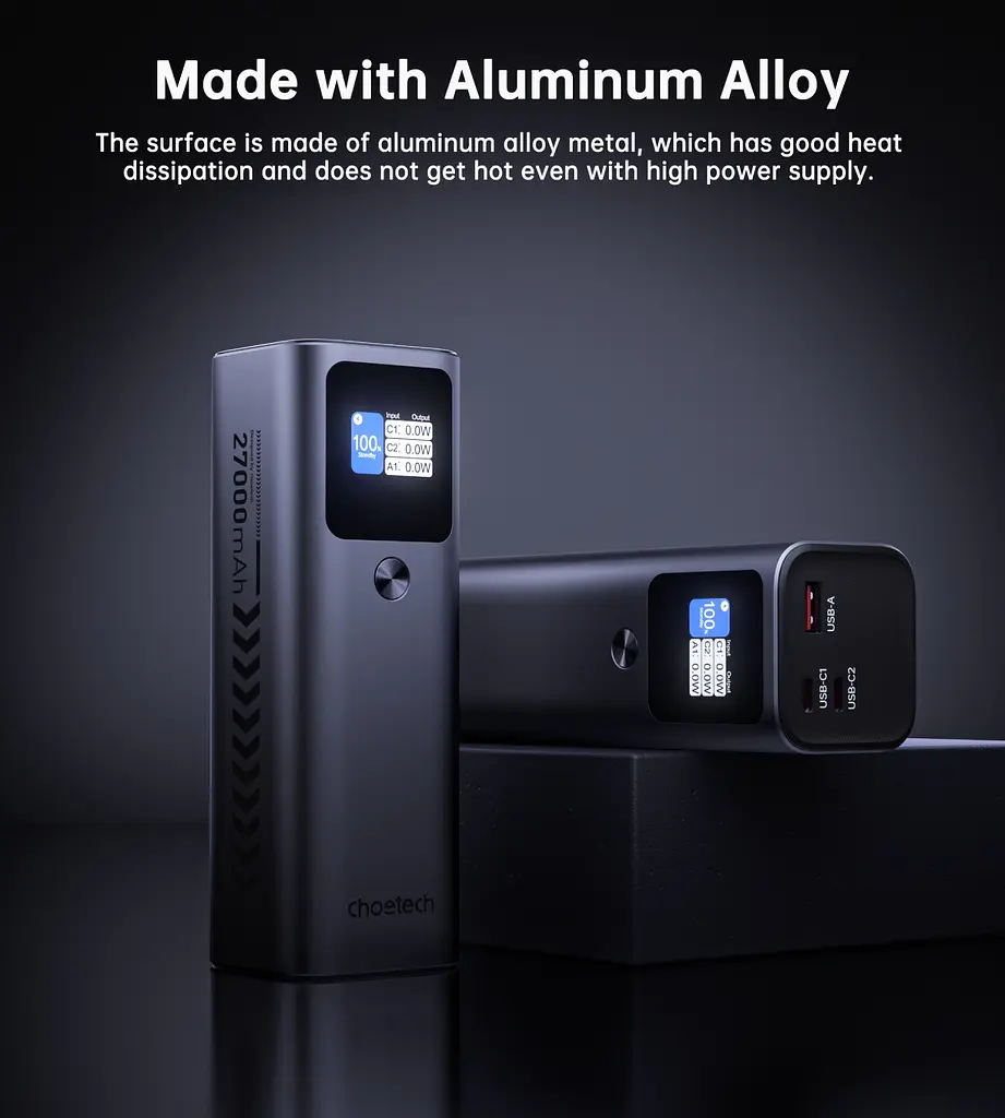 УМБ Choetech 27000mAh 140W PD5.0,QC3.0, USB-A, 2xUSB-C In/Out, TFT Display, black - фото 9