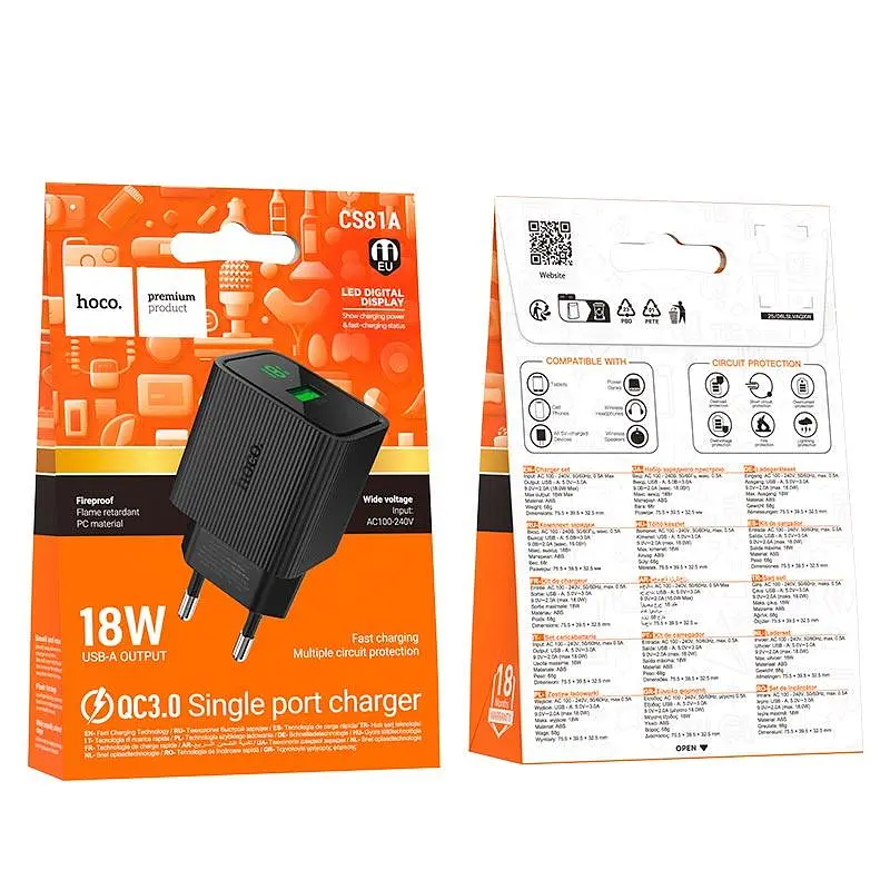 Адаптер сетевой HOCO Excellent single port charger with digital display CS81A 1USB, QC, 18W/3A - фото 2