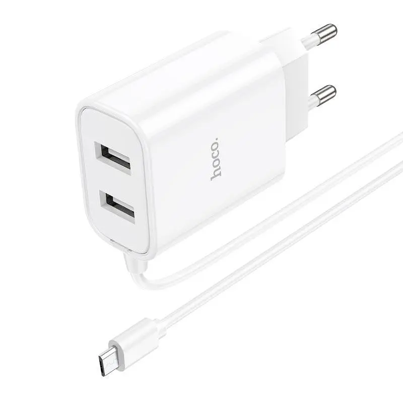 Зарядное устройство Hoco C103A 2 порта + встроенный Micro USB кабель белое - фото 4