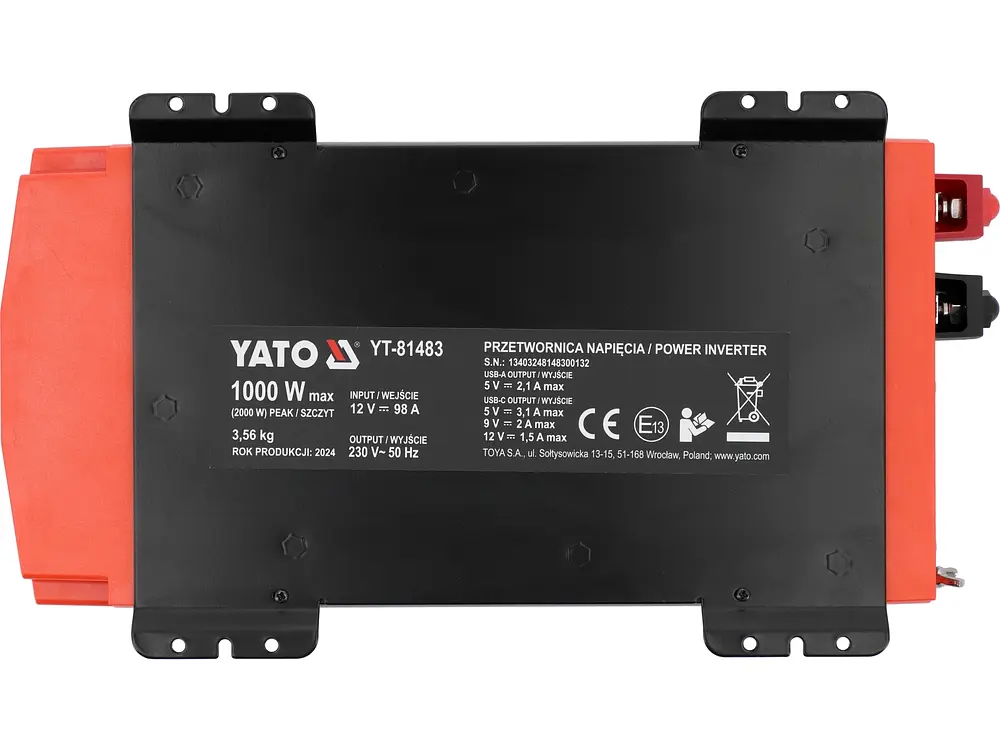Преобразователь напряжения Yato из источника 12 В DC в 230 В 1000 Вт (YT-81483) - фото 3