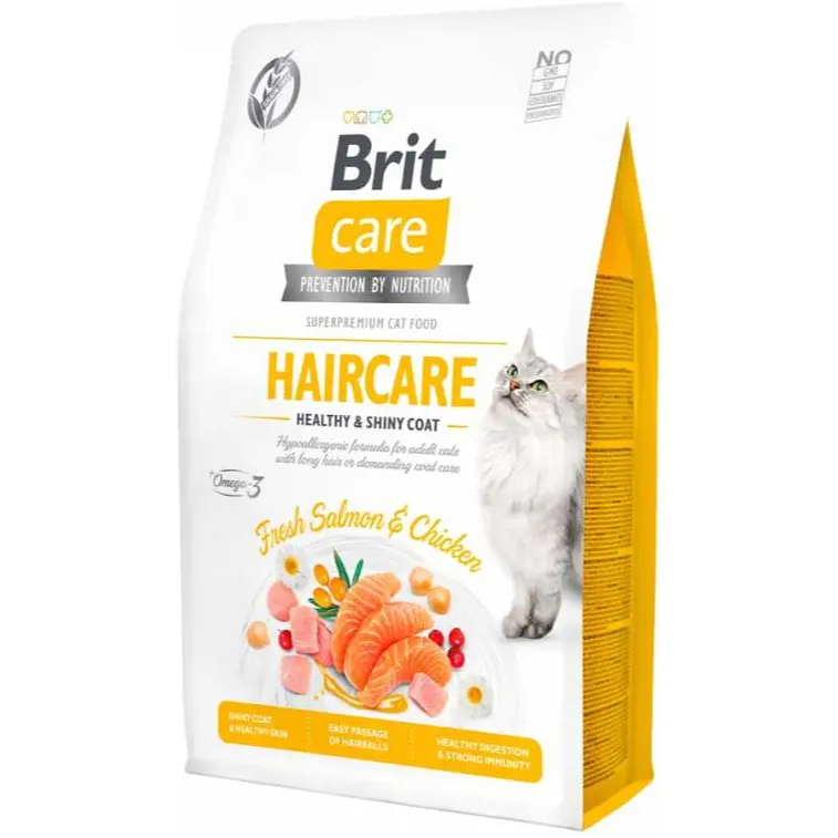 Беззерновий сухий корм для котів для здоров'я шкіри та шерсті Brit Care Cat Grain-Free Haircare Healthy & Shiny Coat із лососем та куркою 2 кг