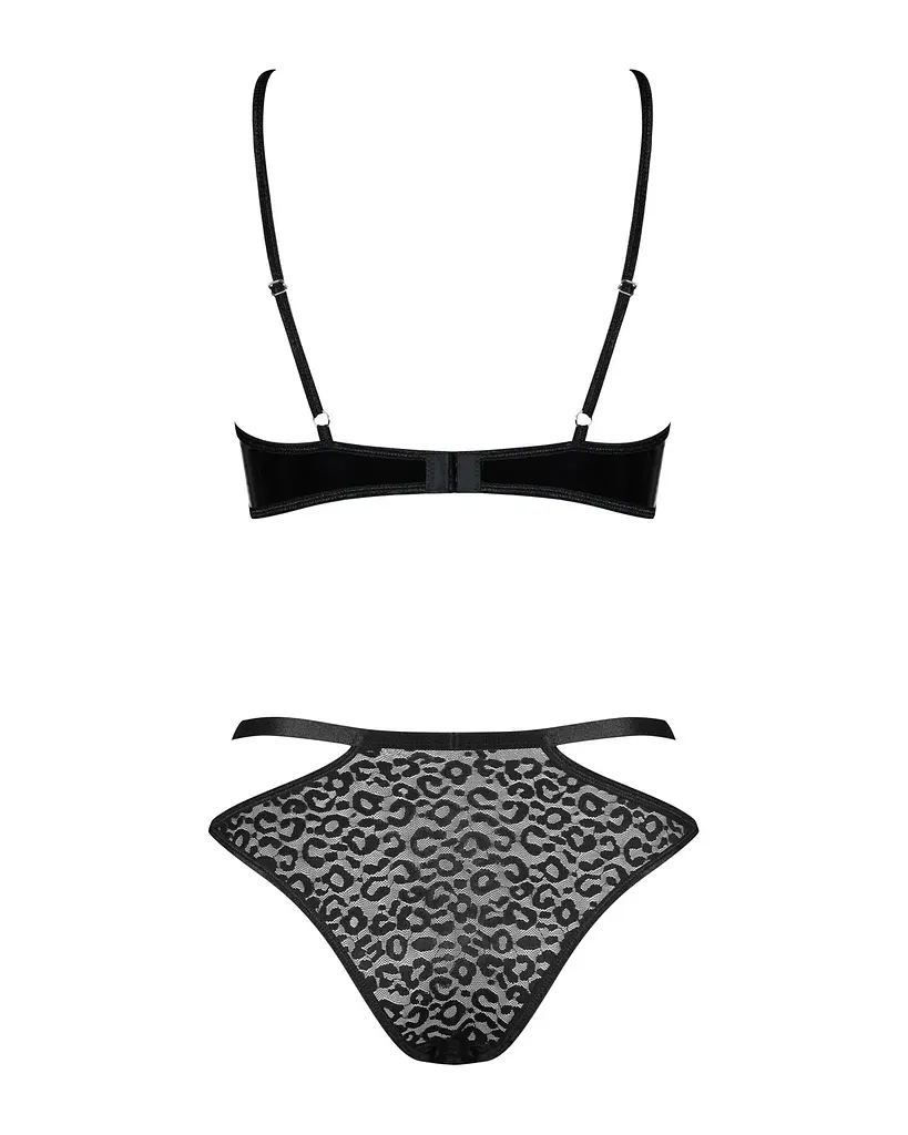 Еротичний комплект під латекс зі стрепами Obsessive Bagirela 2-pcs set S/M, чорний, під леопард, бюс - фото 6