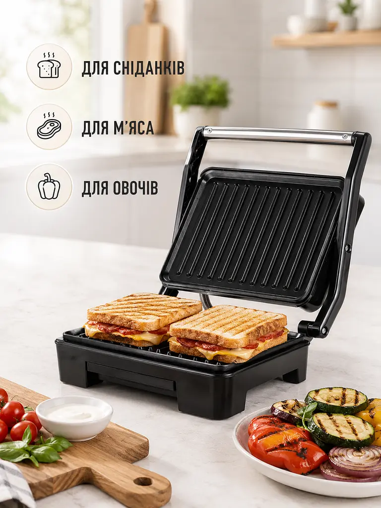 Притискний електрогриль 850 W з антипригарними пластинами та LED-індикатором чорний (49676055) - фото 9