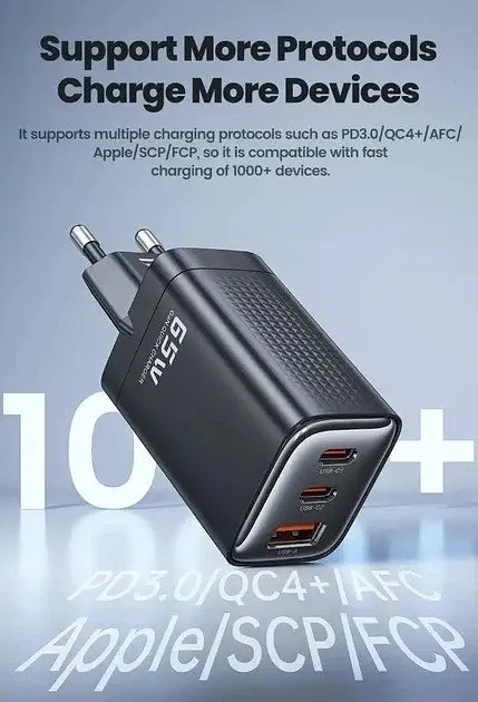 Блочок - зарядний пристрій Toocki 65w 3 порти чорний (TCT67-XRB01) - фото 2