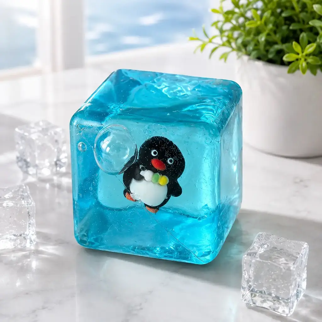 Антистрес Сквіш Кубик льоду з Пінгвіном Cube Squeeze 5.5см прозорий гелевий куб для рук Блакитний - фото 2