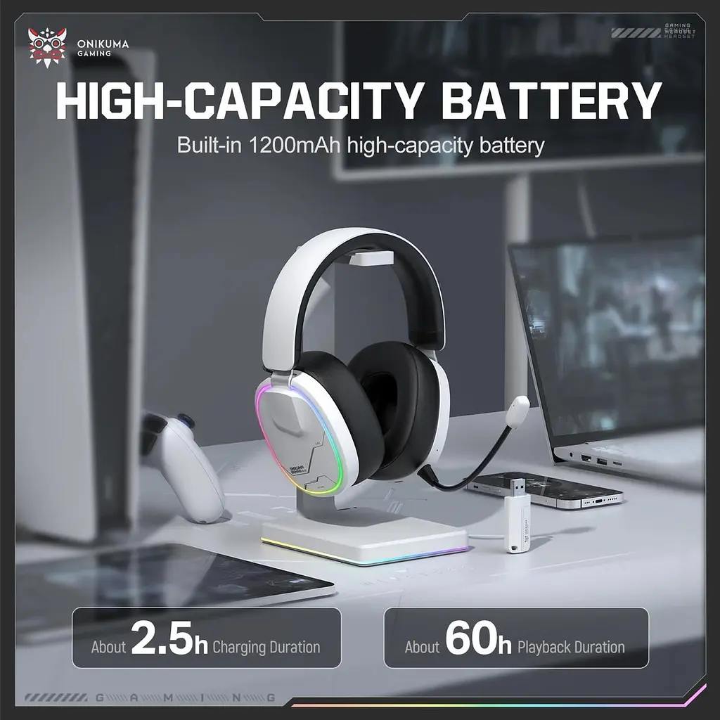 Навушники Onikuma бездротові ігрові з Bluetooth 5.3 RGB підсвітка з мікрофоном геймерська гарнітура для ПК Білий - фото 4