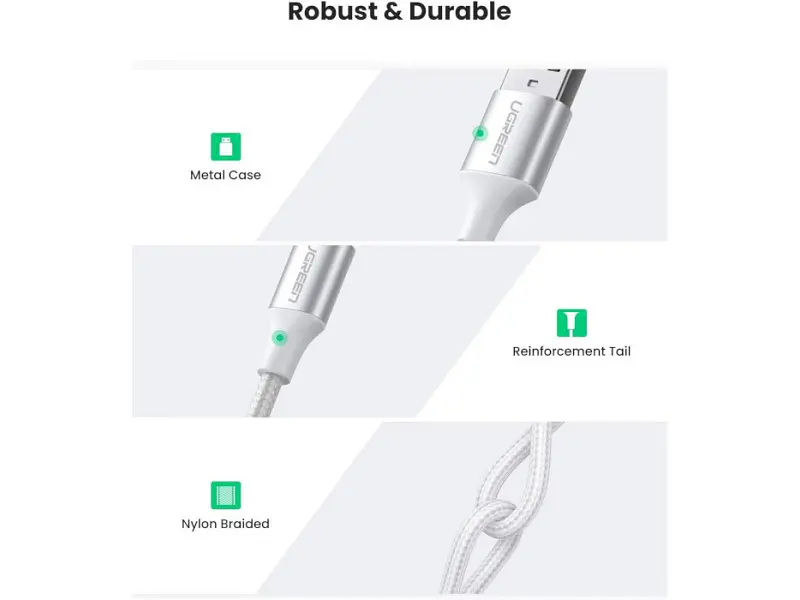 Кабель UGREEN US288 USB-A to Type-C QC3.0 18W 3m White (60409) - фото 2
