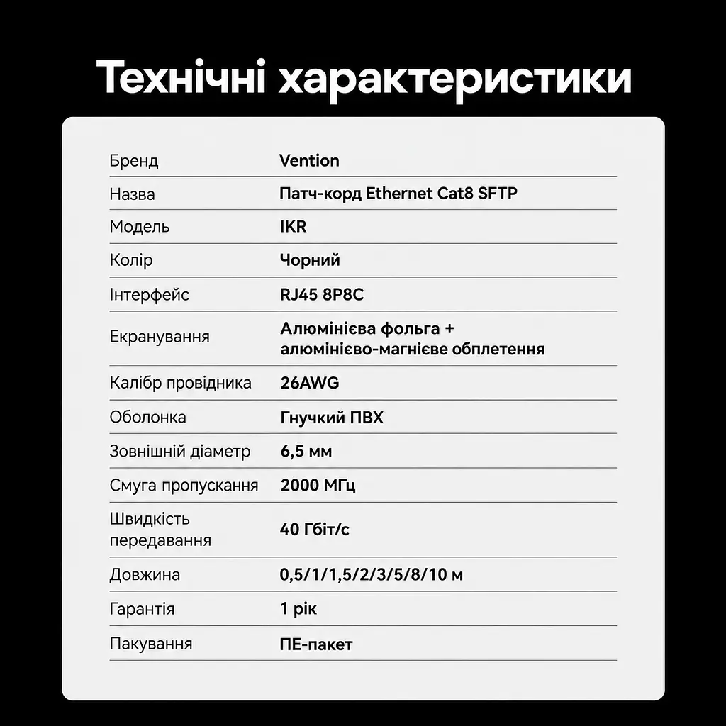 Патч-корд Ethernet Cat 8 S/FTP Vention 5 м Роз’єми RJ45 8P8C До 40 Гбіт/с за підтримки 40GBASE-T обома мережевими портами Загальна довжина каналу до 30 м і не більше 2 з’єднань Фольгове екранування кожної пари та зовнішнє алюмінієво-магнієве обплетення Гнучка ПВХ-оболонка Смуга пропускання 2000 МГц Чорний (IKRBJ) - фото 2