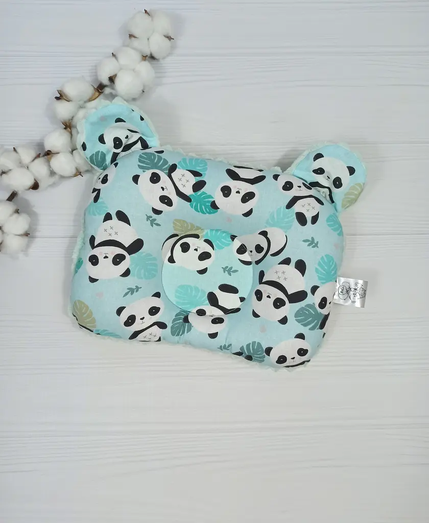 Дитяча ортопедична подушка 24×32 для новонароджених a.l.babybox Панди в листі М'ятний