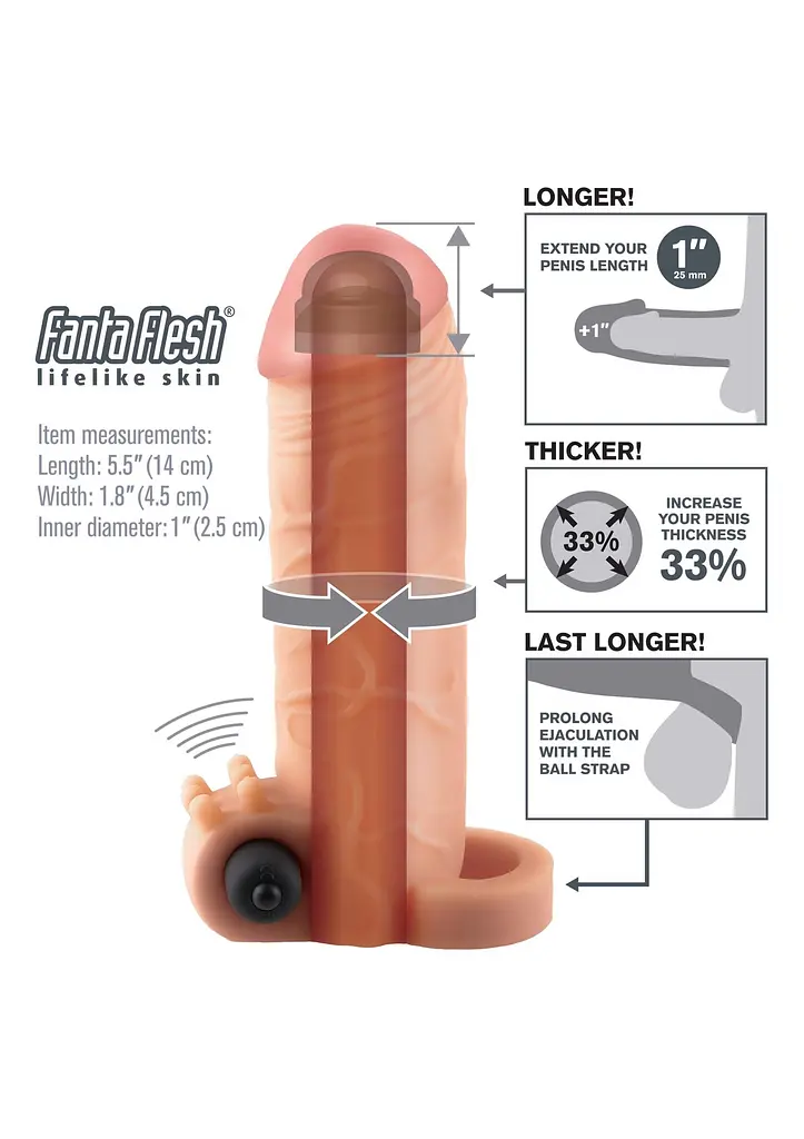 Насадка на пеніс Pipedream Fantasy X-tensions Vibrating Real Feel 1 inch 14 см тілесний - фото 4