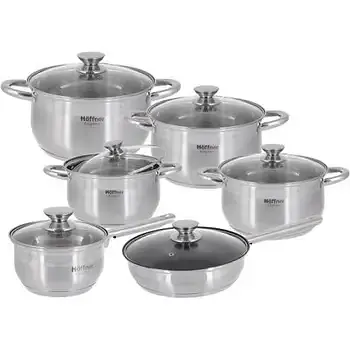 Набор кастрюль со стеклянными крышками Hoffner HF-9977 5 шаровое дно сталь 12 предметов - фото 2