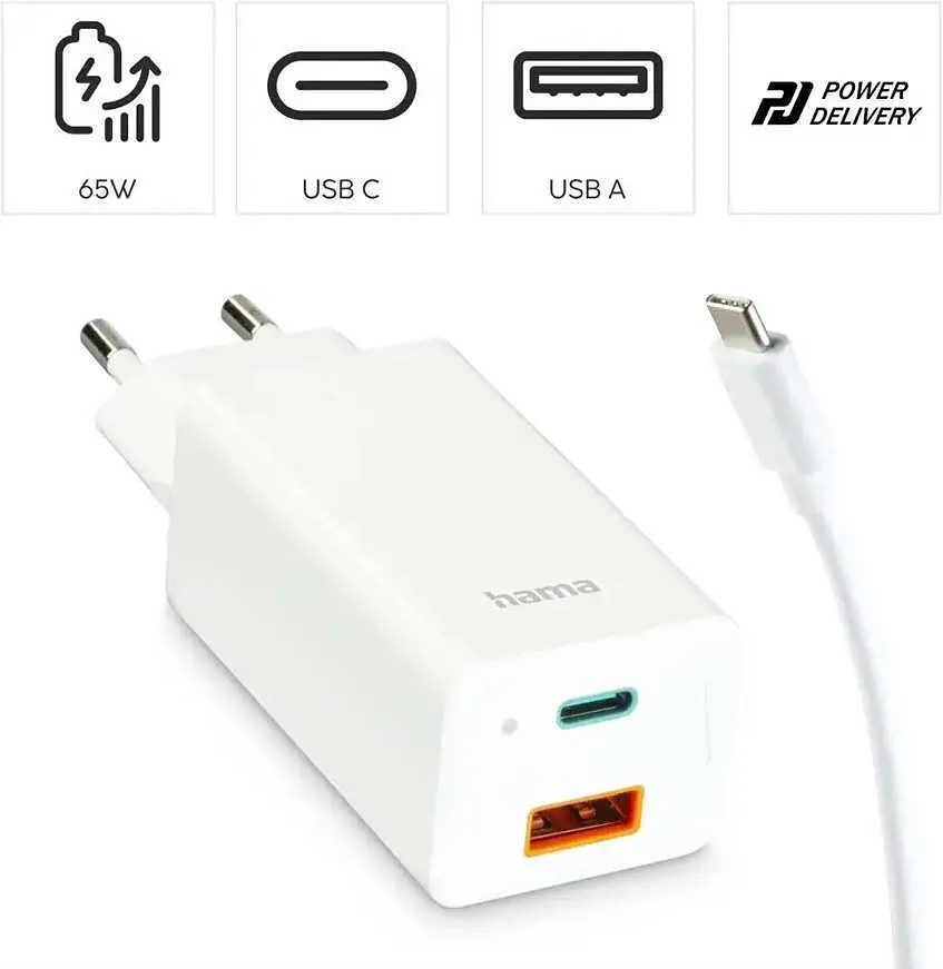 USB-зарядний пристрій Hama GaN, USB-C/USB-A, PD 65 Вт, кабель USB-C 2 м - фото 4