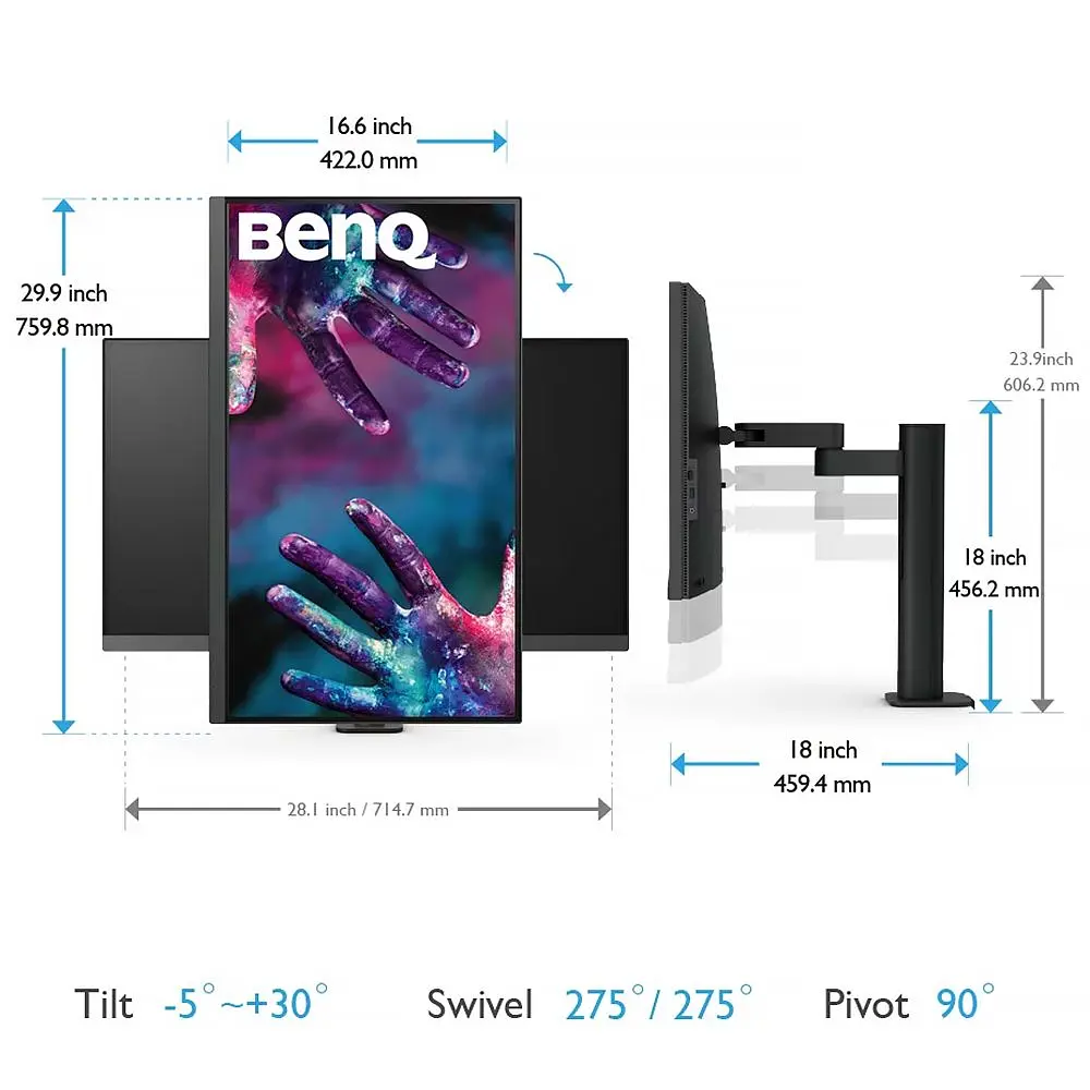 Монитор TFT 31.5" BenQ PD3205UA, IPS, 4K UHD, 99% sRGB, HDMI, DP, USB-С, USB-hub, HAS, колонки, темно-серый (9H.LKGLA.TPE) - фото 4