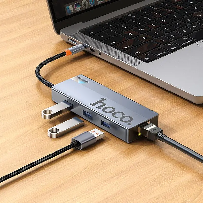Usb-хаб Hoco HB51 Wow 6-in-1 multi-function converter (HDTV+RJ45+PD+Usb3.0x3) Темно-сірий - фото 3