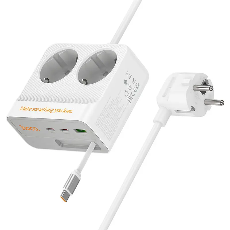 Мережевий фільтр HOCO AC28A на 2 розетки + 1 USB + 3 USB-C, 45W, 220В, кабель 2м, White, Box - фото 2
