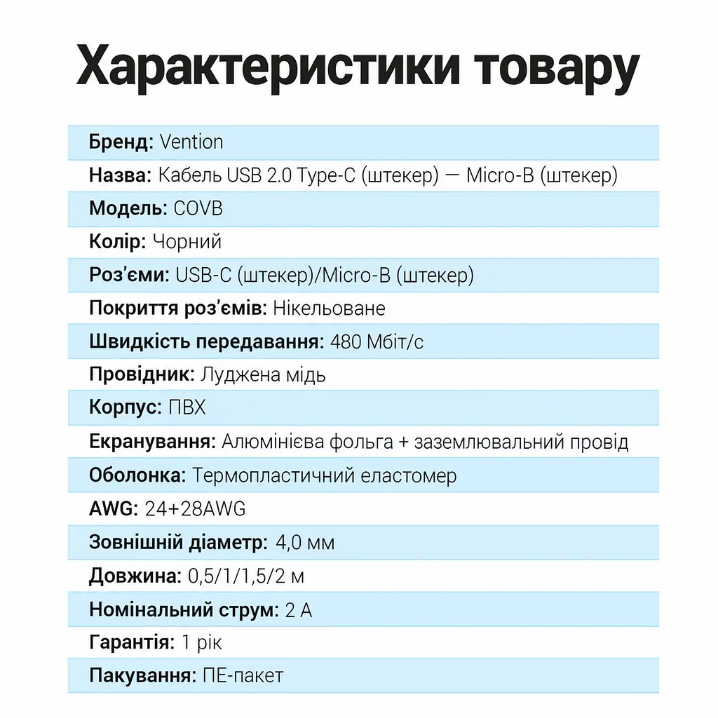 Кабель Vention COVBF USB-C - Micro-USB 1 м чорний (COVBF) - фото 8