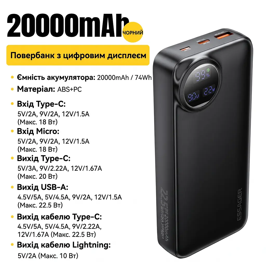 Павербанк Essager Heteromypil 20000 mAh 22.5W (ES-D016), чорний - фото 8