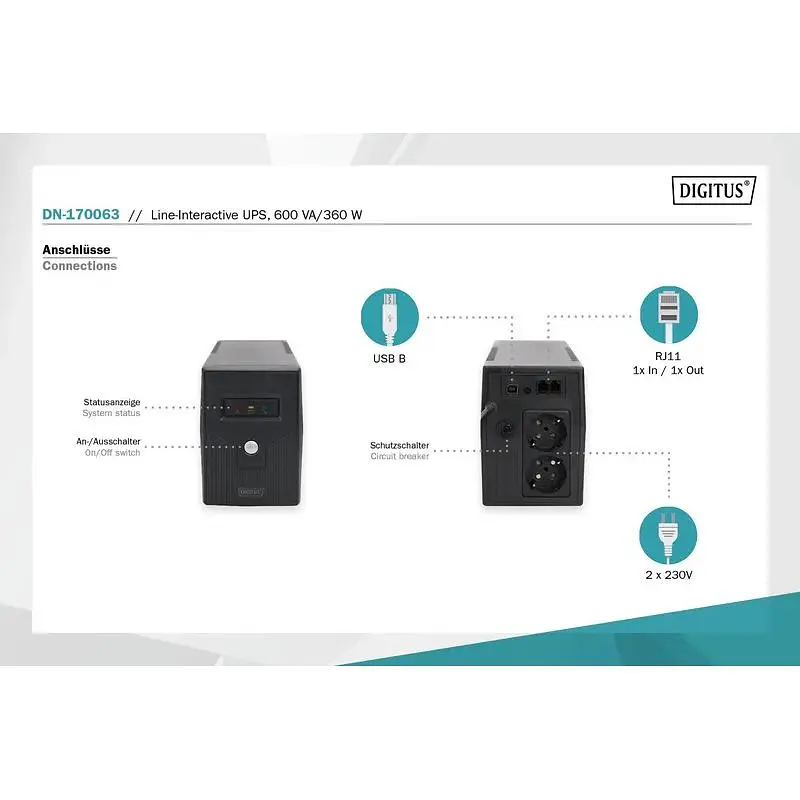 ДБЖ Digitus Line-Interactive, 600VA/360W, LED, 2xSchuko, RJ11, USB - фото 4