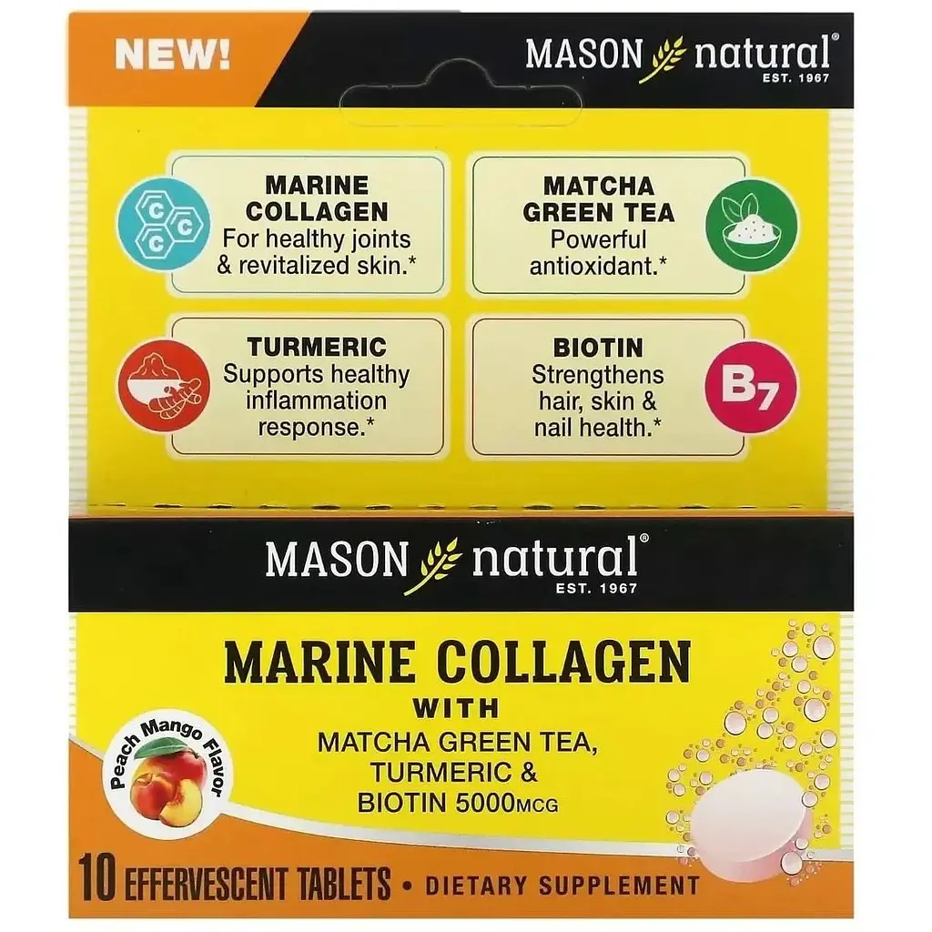 Морський колаген з матча, куркумою та біотином Mason Natural 5000 мкг смак персик манго 10 шипучих таблеток - фото 2