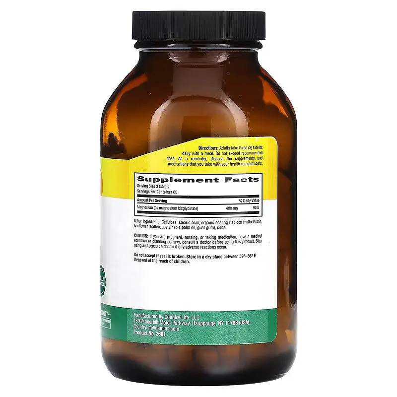 Гліцинат магнію Country Life Chelated Magnesium Glycinate 400 mg, 180 таблеток для підтримки серця та м'язів - фото 2