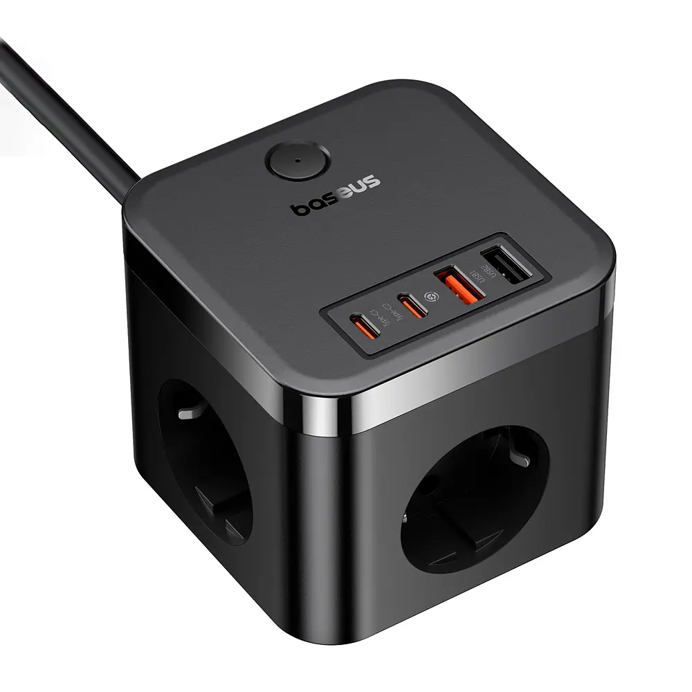 Мережевий зарядний пристрій Baseus PowerCombo Cube Power Strip 3AC+2U+2C 30W 1.5m EU Cluster Black (E00066400117-00) - фото 3