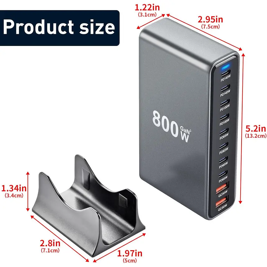 Зарядная станция ILEPO 800W многопортовая на 2 USB + 8 Type-C / сетевое мультизарядное устройство Black (19022) - фото 3