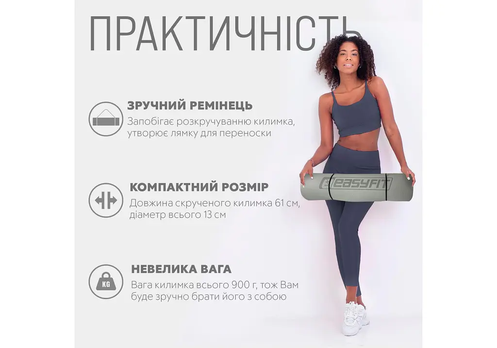 Килимок для йоги та фітнесу EasyFit TPE+TC 6 мм двошаровий сірий-чорний (EF-1924-GYBK) - фото 2