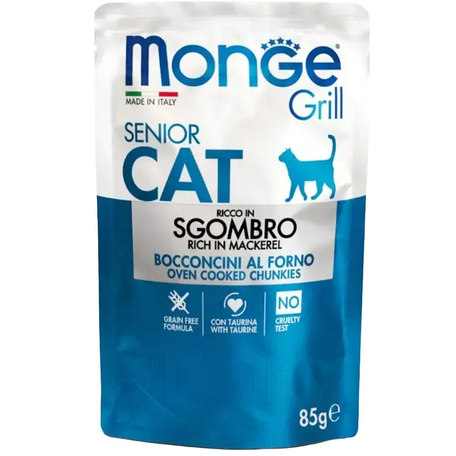 Вологий корм для літніх котів Monge Grill Senior Sgombro шматочки з макреллю в соусі 85 г