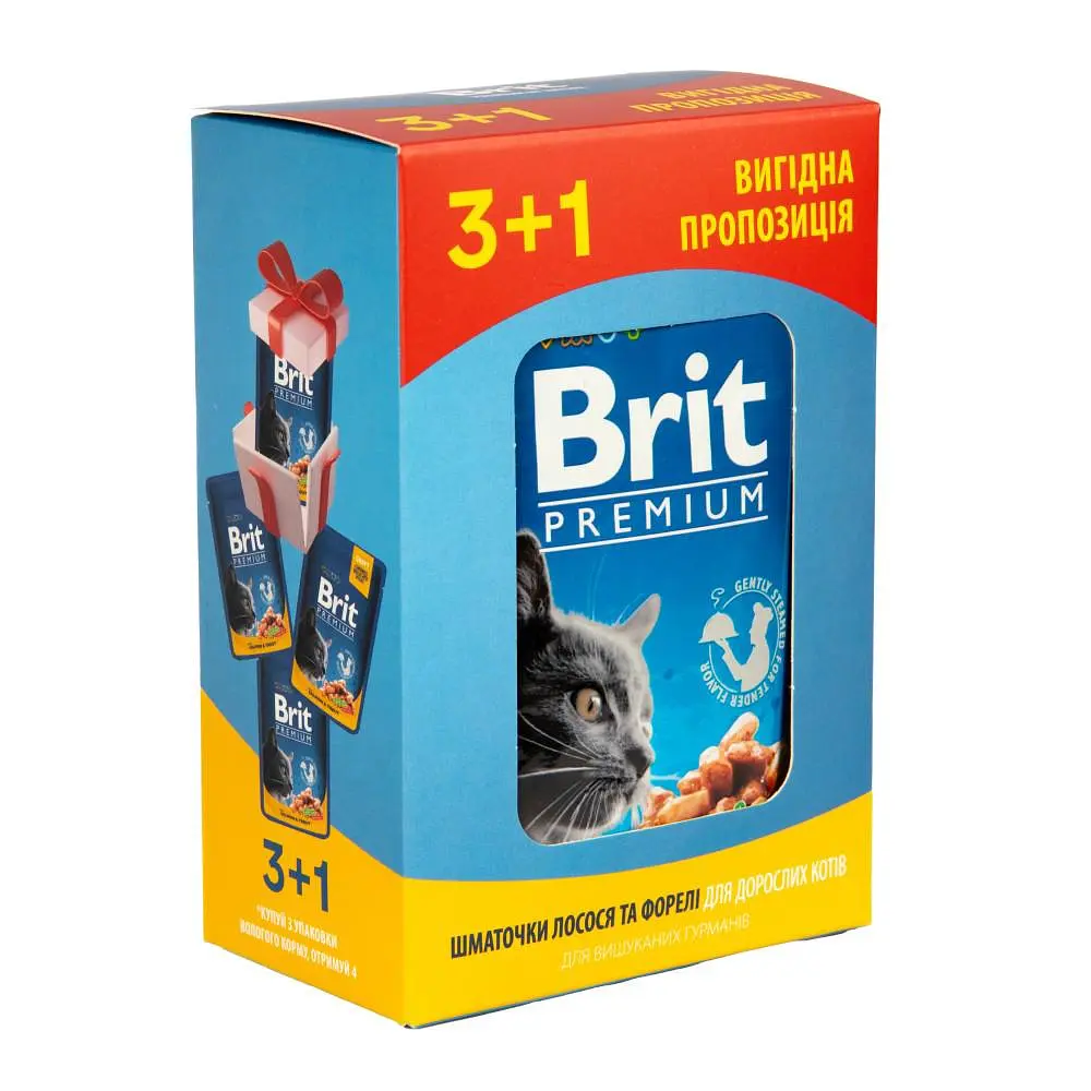 Набір паучів \"3+1\" для котів Brit Premium Cat Pouch з лососем та фореллю, 4 × 100 г