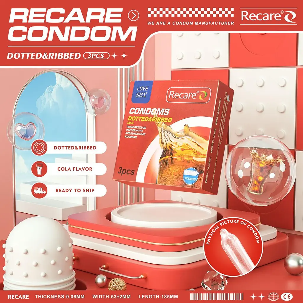 Презервативи Recare Cola Dotted&Ribbed Condoms 3 шт, з пухирцями та ребрами, аромат: Кола - фото 7