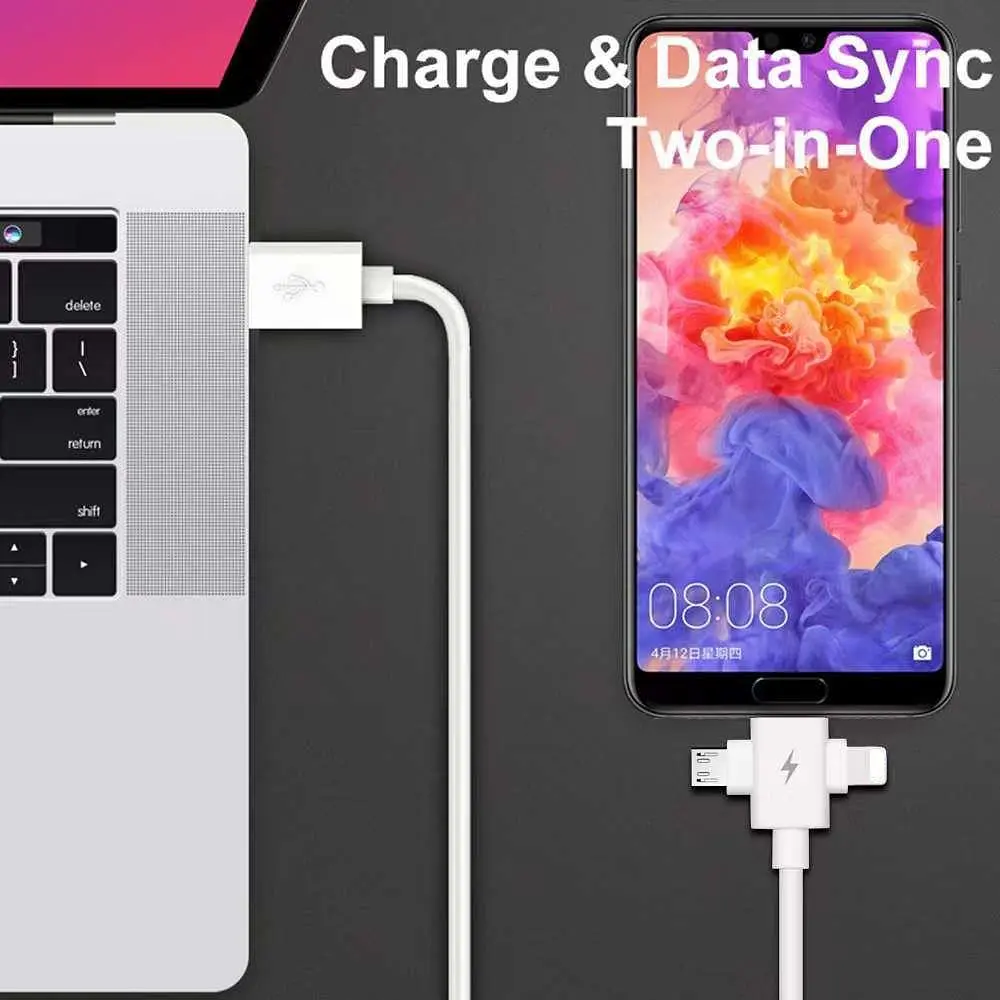 Кабель для заряджання телефона 3 в 1, Type-C, Lightning, microUSB, Білий, 140 см, універсальний кабель для заряджання - фото 5