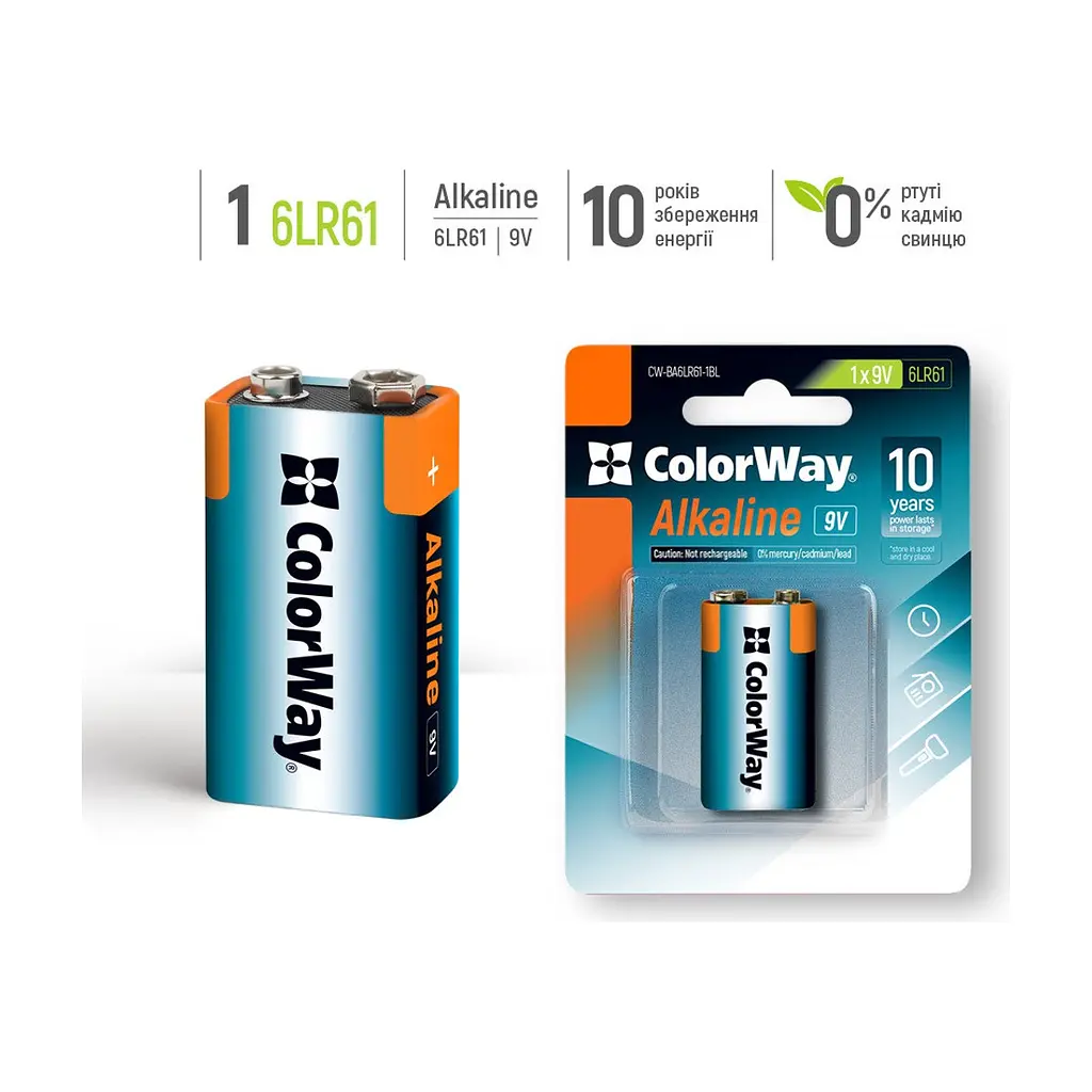 Батарейка ColorWay Крона 6LR61 9V Alkaline Power x 1 (CW-BA6LR61-1BL) - фото 3