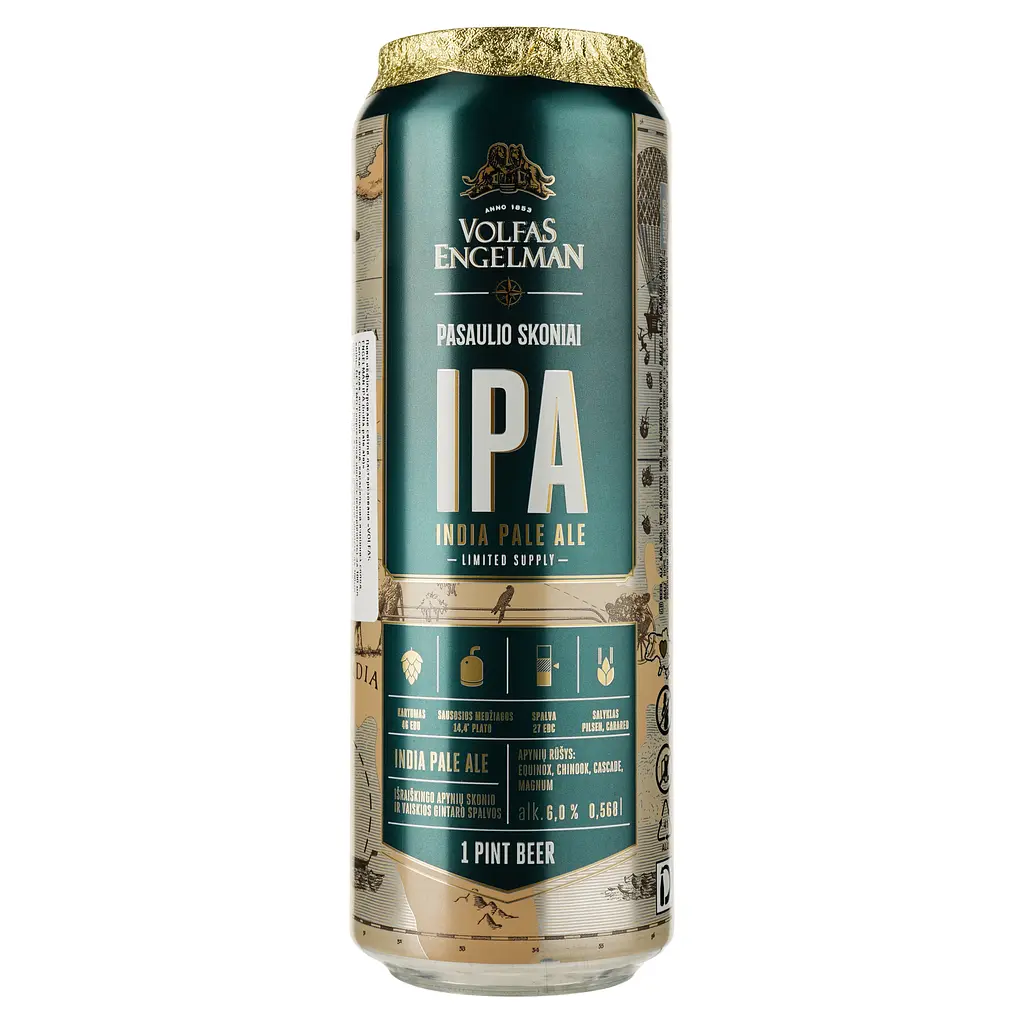 Упаковка пива Volfas Engelman IPA янтарного 6% 13.63 л ж/б (0.568 л х 24 шт.) - фото 2
