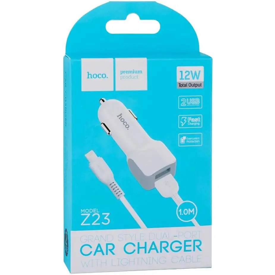 Авто зарядний пристрій Hoco Z23 2USB Lightning колір Білий - фото 2