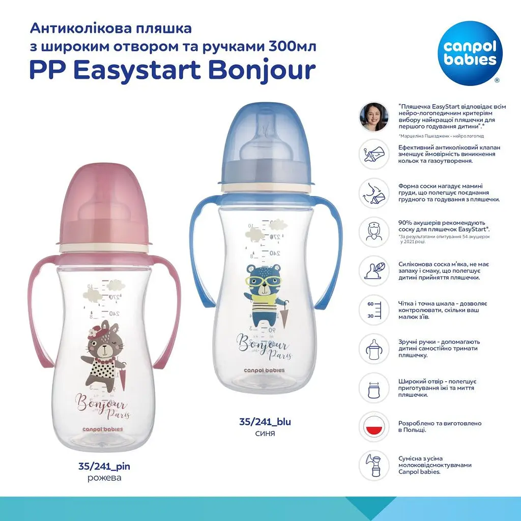 Бутылка Canpol babies PP Easystart Bonjour Paris антиколиковая с широким отверстием и ручками 300 мл розовая (35/241_pin) - фото 3