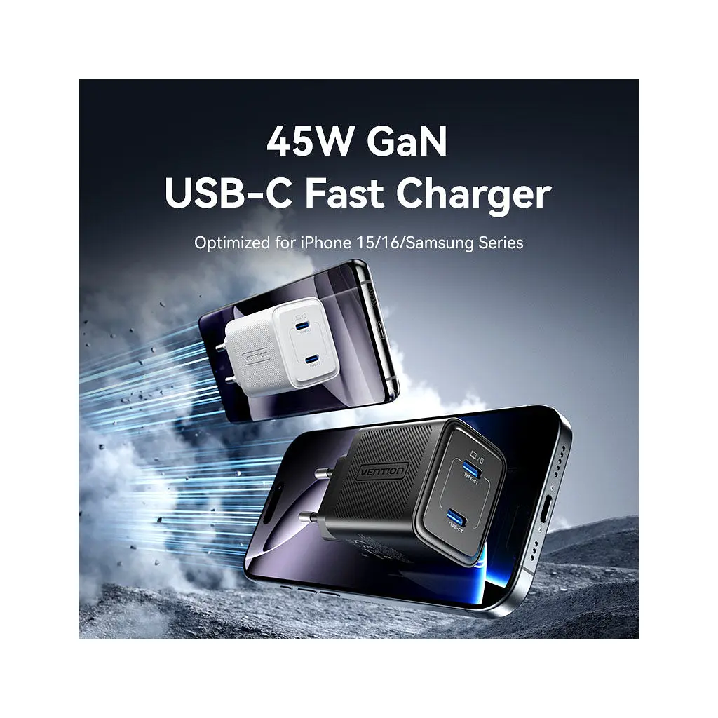 Зарядний пристрій Vention 2xUSB-C PD 45 Вт GaN прозоро-білий (FCFW0-EU) - фото 3