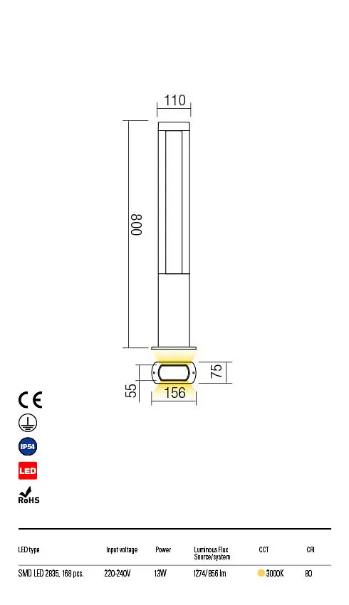 Стовпчик DOLMEN ST H80 LED SMD 13W IP54 DG 3000K(4.1.2) Redo 90125 - фото 3