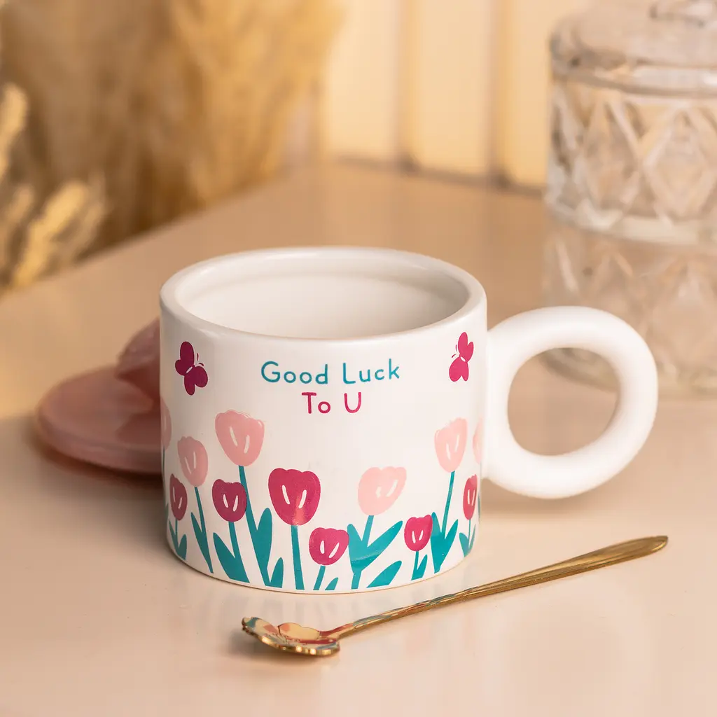 Чашка керамічна Happy Life Tulips з кришкою та ложкою блакитна 300 мл HP7190P - фото 3