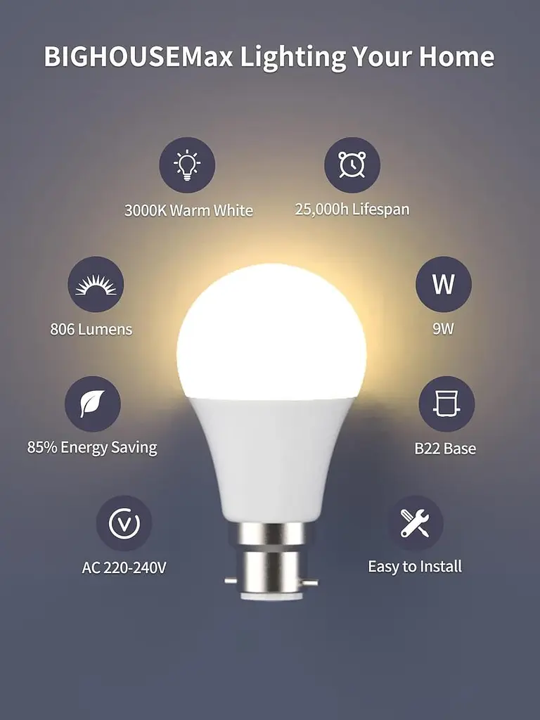 Світлодіодна лампа LEDYA B22 Bayonet 60 Вт, 9W 3000K Warm White BC GLS Frosted Light Bulbs, 806 Lumens, Non Dimmable, A60 - фото 5